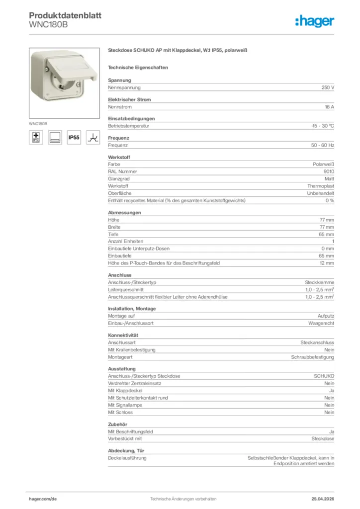 Bild Hager Produktdatenblatt WNC180B | Hager Deutschland