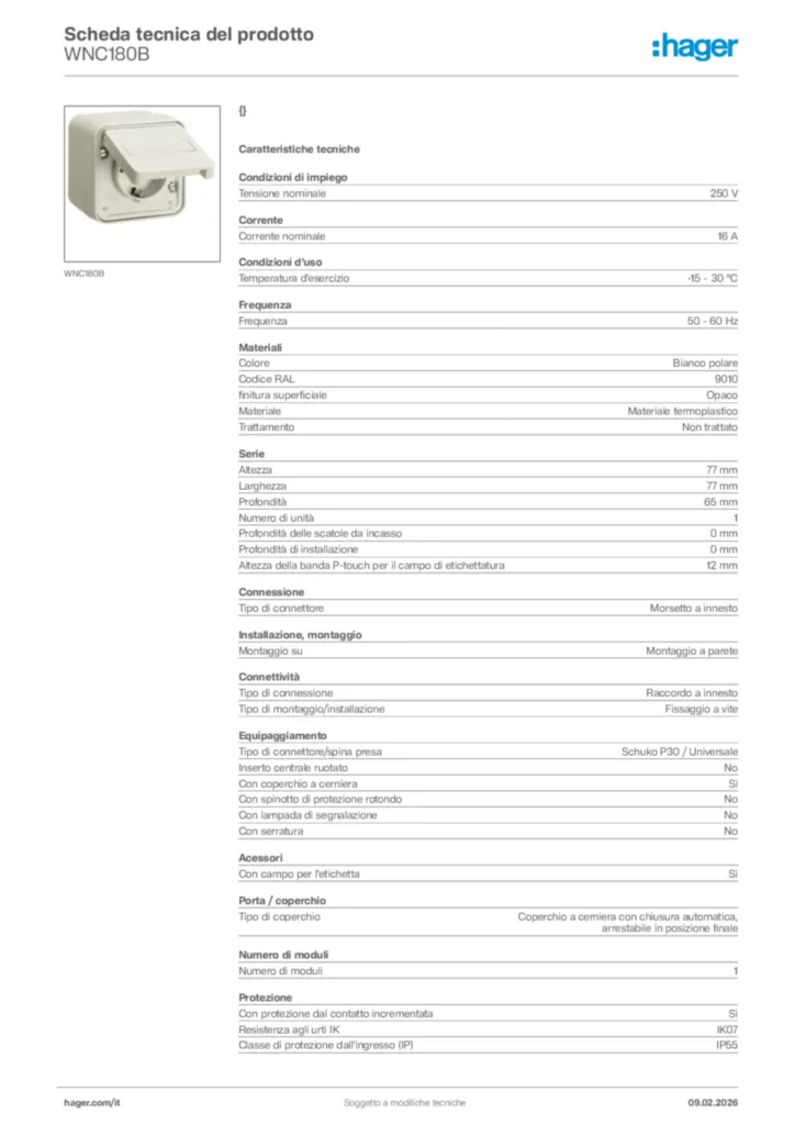 Immagine Hager Scheda tecnica del prodotto WNC180B | Hager Italia