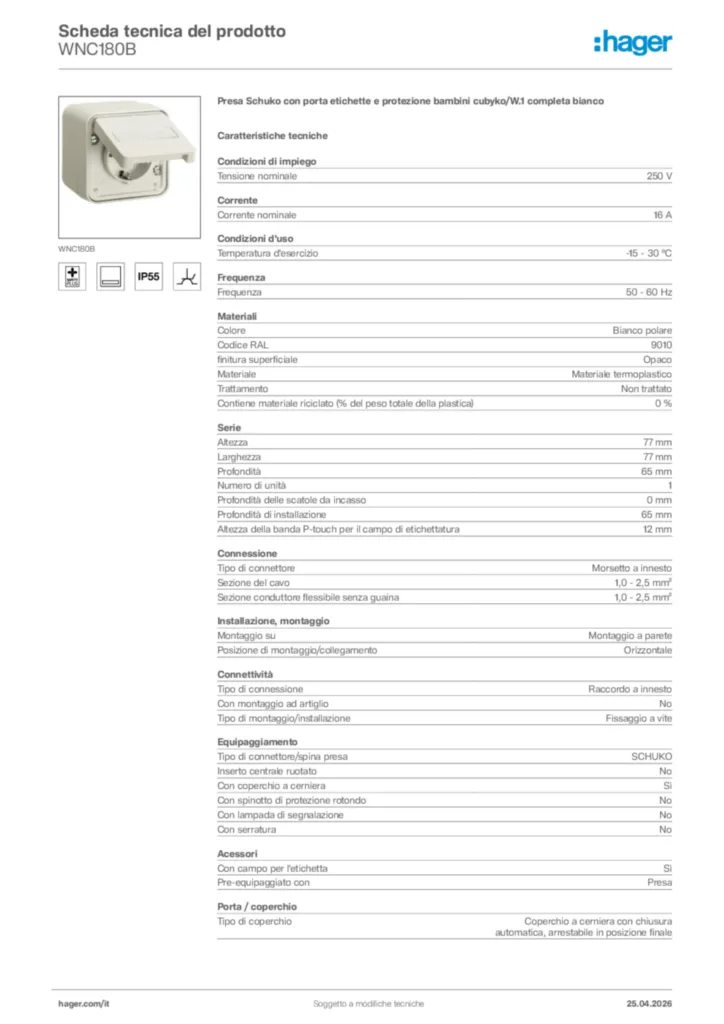 Immagine Hager Scheda tecnica del prodotto WNC180B | Hager Italia