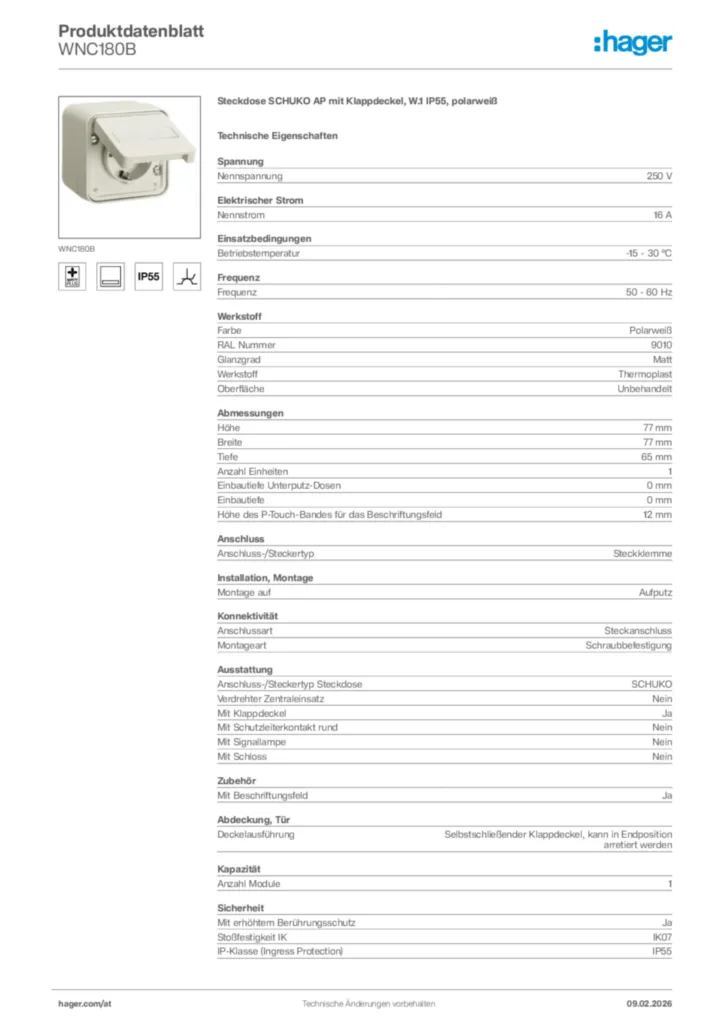 Bild Hager Produktdatenblatt WNC180B | Hager Deutschland