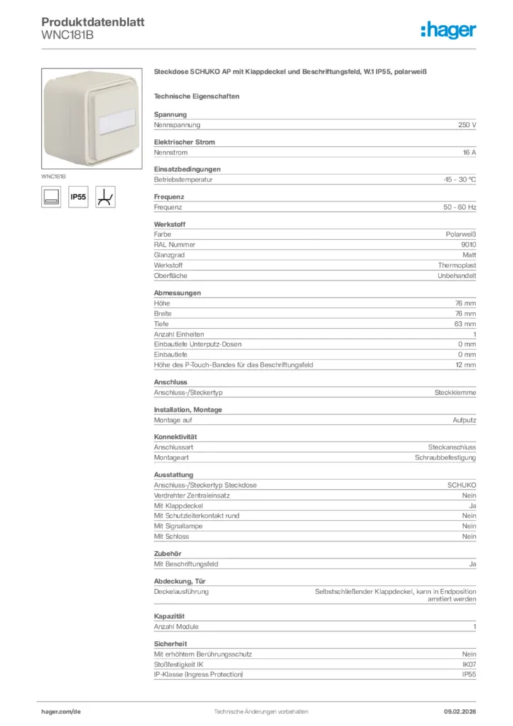 Bild Hager Produktdatenblatt WNC181B | Hager Deutschland