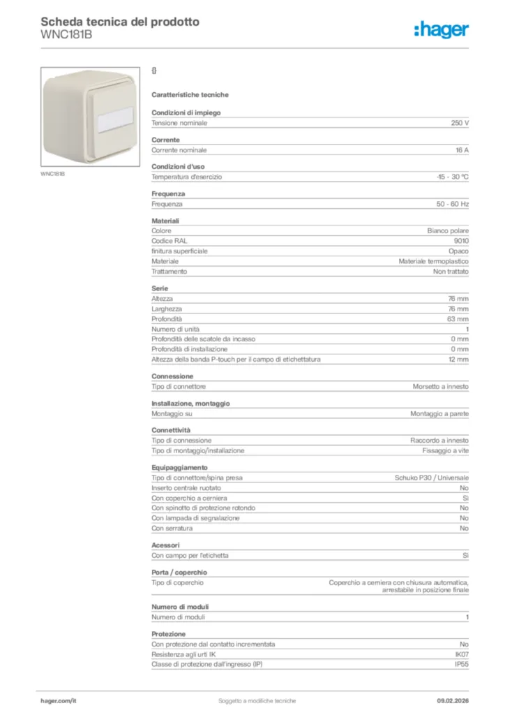 Immagine Hager Scheda tecnica del prodotto WNC181B | Hager Italia