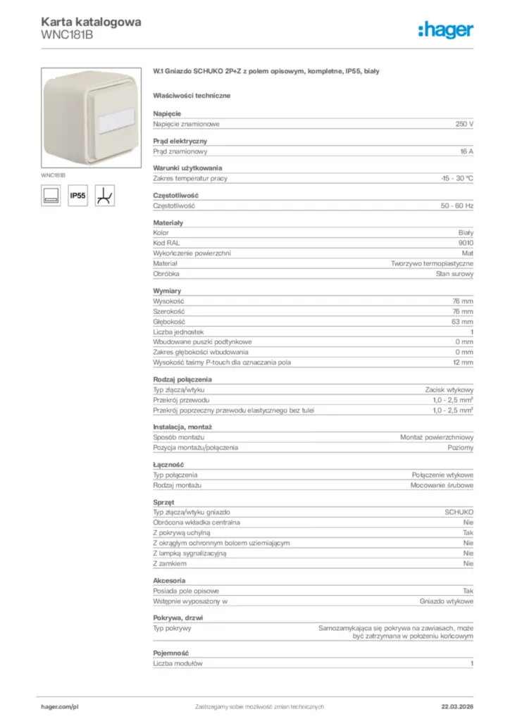 Zdjęcie Hager Karta katalogowa WNC181B | Hager Polska