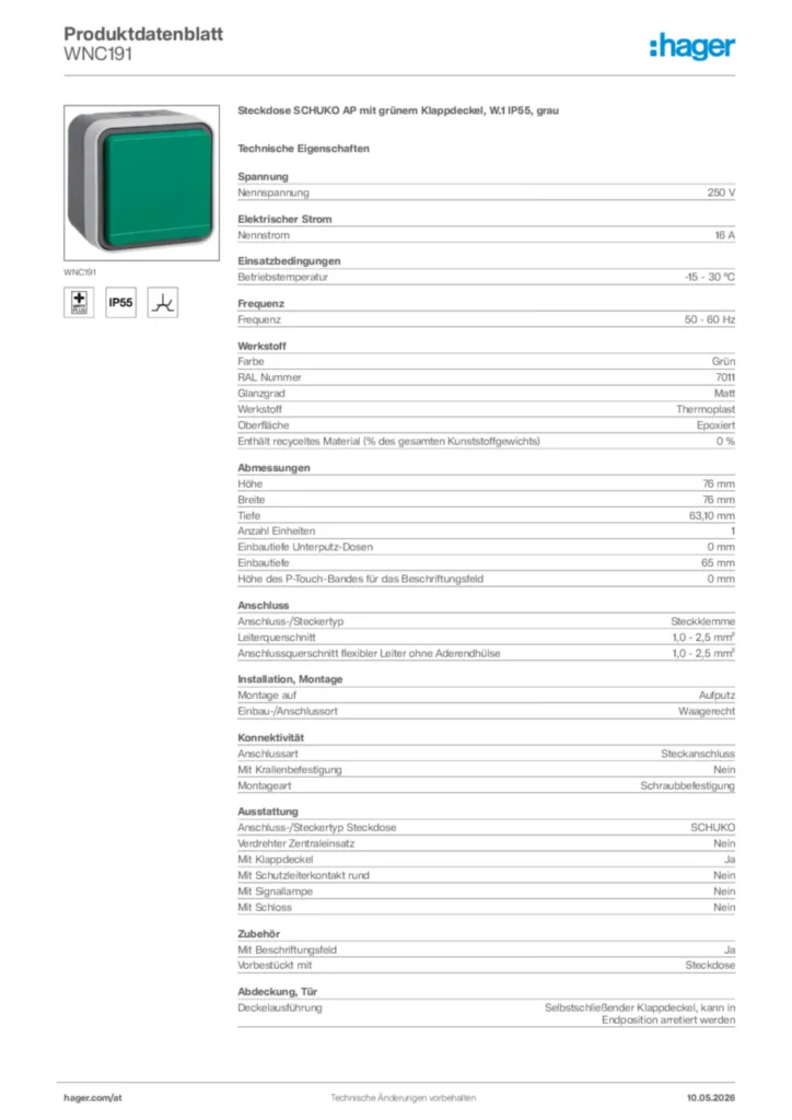 Bild Hager Produktdatenblatt WNC191 | Hager Deutschland