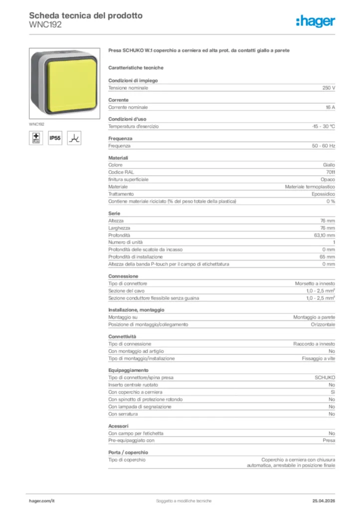Immagine Hager Scheda tecnica del prodotto WNC192 | Hager Italia
