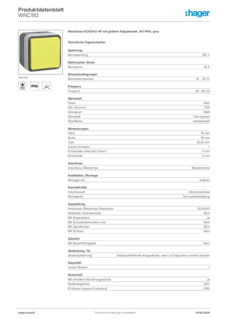 Bild Hager Produktdatenblatt WNC192 | Hager Deutschland