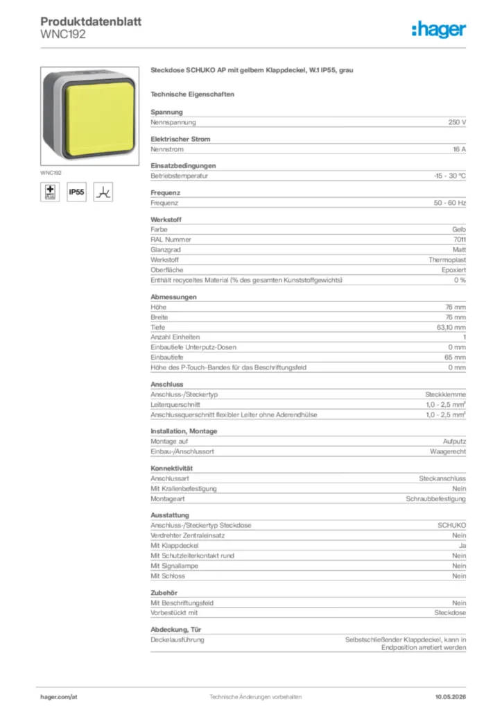 Bild Hager Produktdatenblatt WNC192 | Hager Deutschland