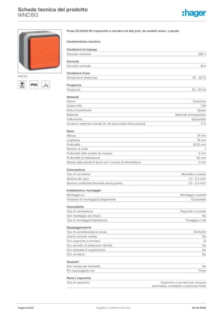 Immagine Hager Scheda tecnica del prodotto WNC193 | Hager Italia