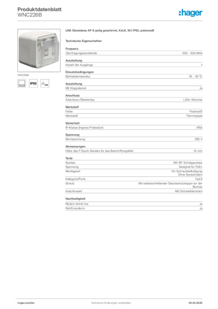 Bild Hager Produktdatenblatt WNC226B | Hager Deutschland