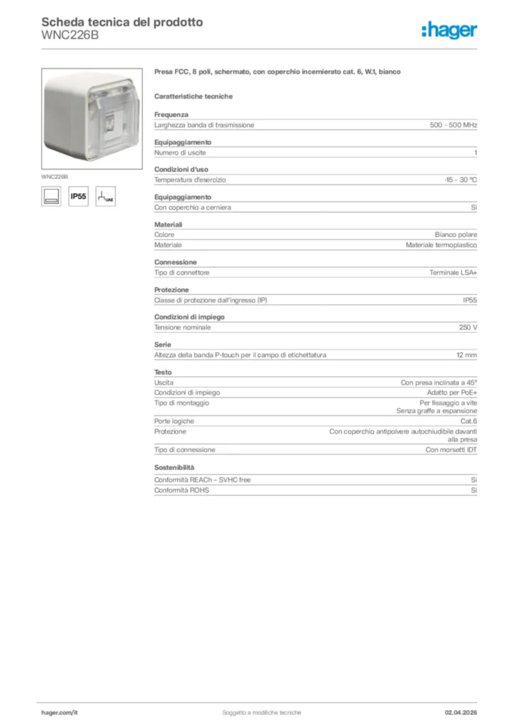 Immagine Hager Scheda tecnica del prodotto WNC226B | Hager Italia