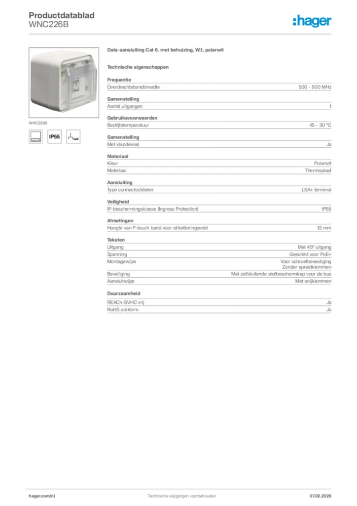 Afbeelding Hager Productdatablad WNC226B | Hager Nederland