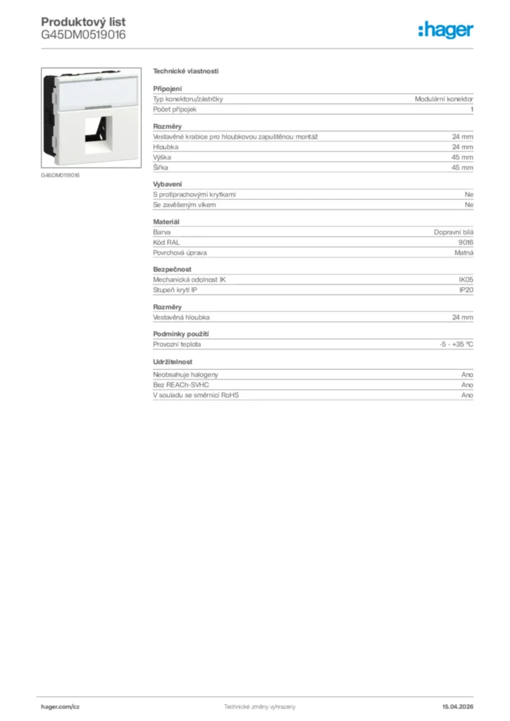 Obrázek Hager Product data sheet G45DM0519016 | Hager
