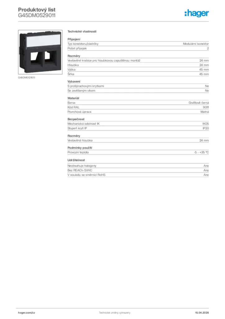 Obrázek Hager Product data sheet G45DM0529011 | Hager