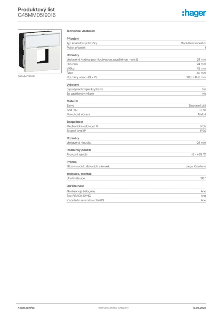 Obrázek Hager Product data sheet G45MM0519016 | Hager