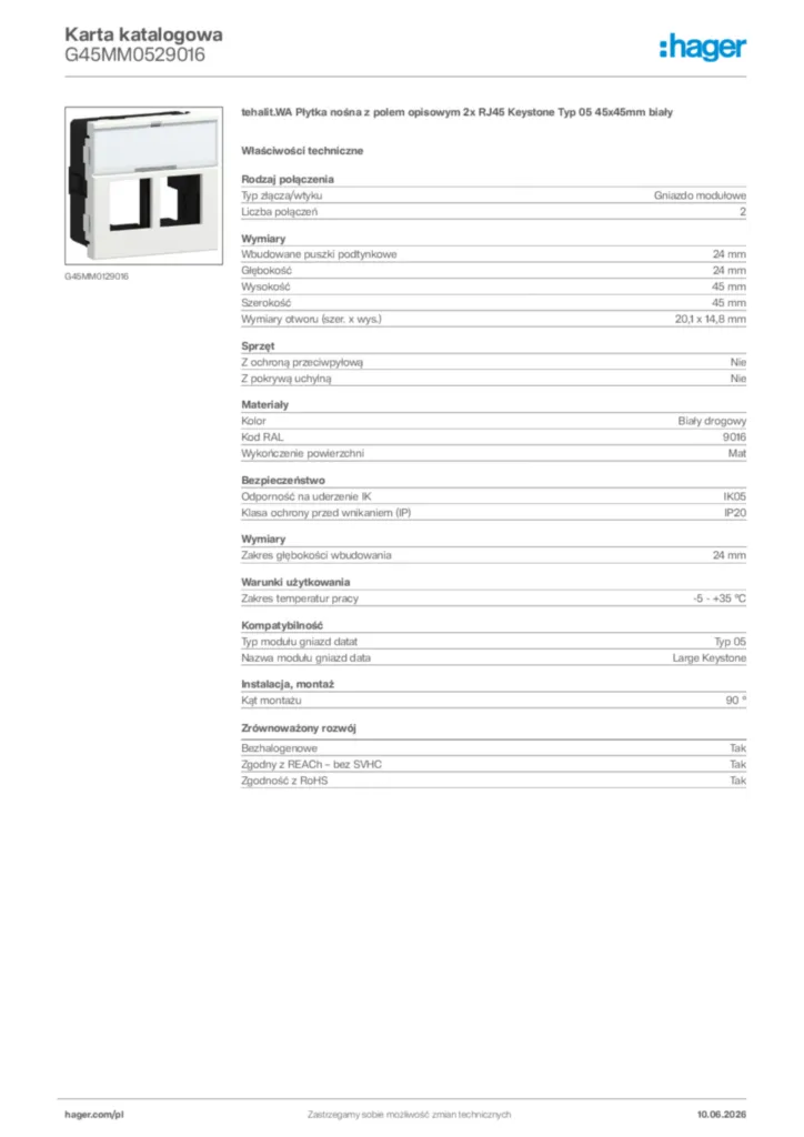 Zdjęcie Hager Karta katalogowa G45MM0529016 | Hager Polska