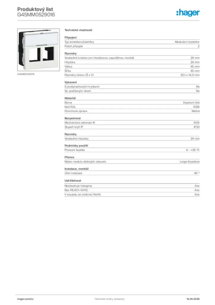 Obrázek Hager Product data sheet G45MM0529016 | Hager