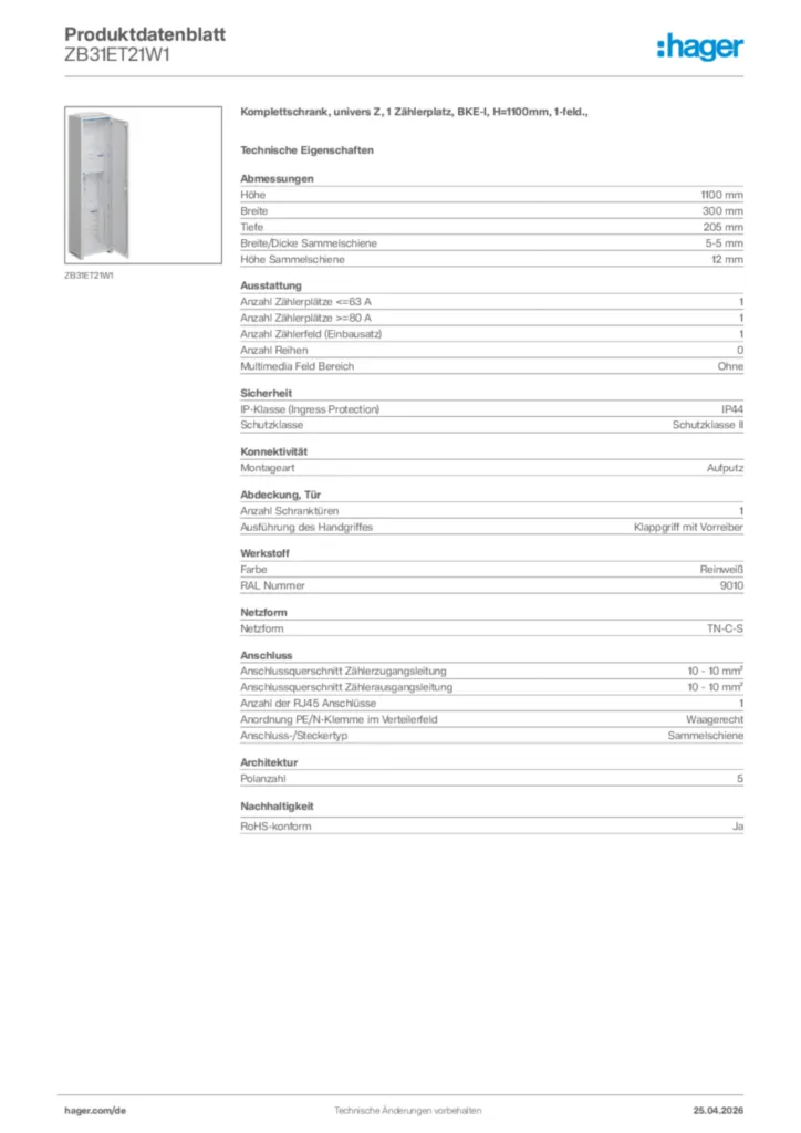 Bild Hager Produktdatenblatt ZB31ET21W1 | Hager Deutschland