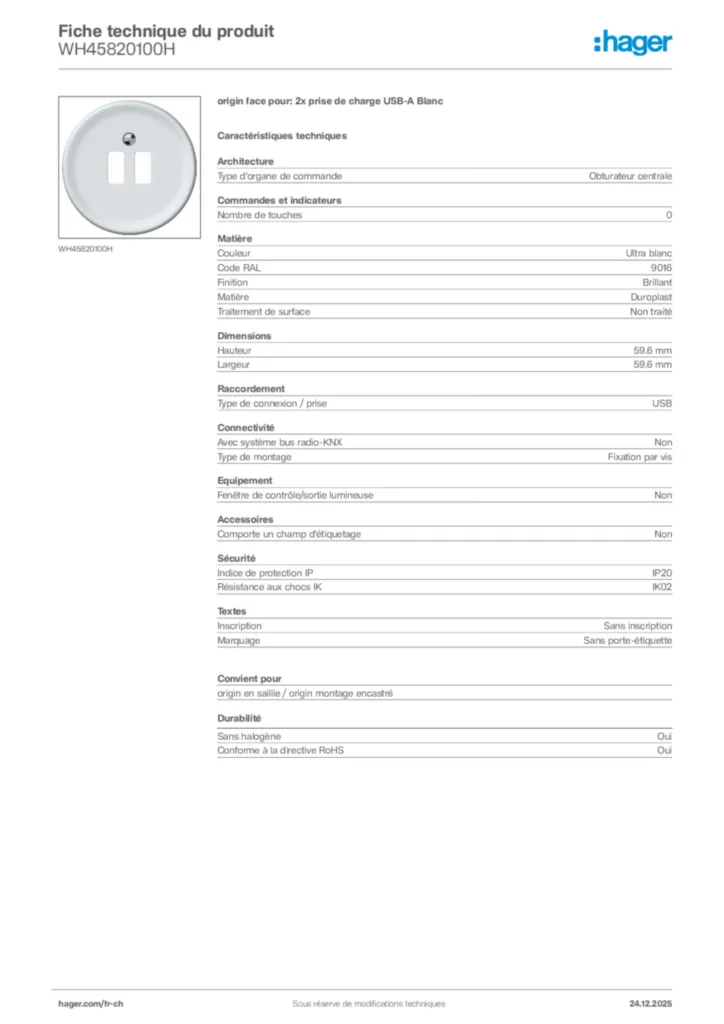 Image Hager Fiche technique du produit WH45820100H | Hager Suisse