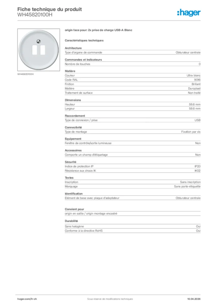Image Hager Fiche technique du produit WH45820100H | Hager Suisse