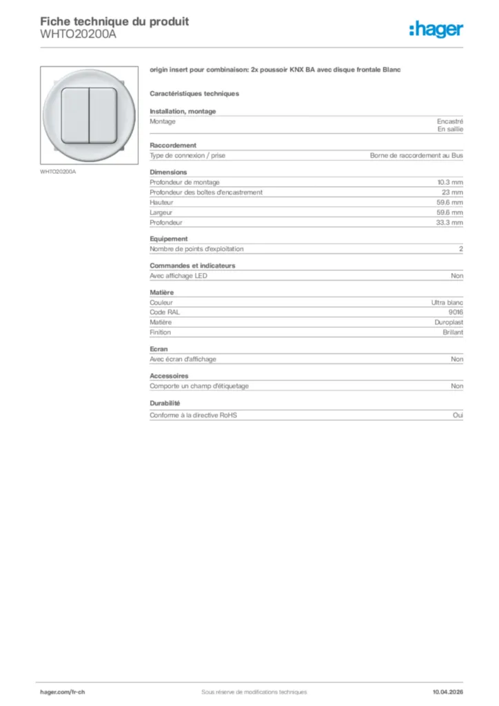 Image Hager Fiche technique du produit WHTO20200A | Hager Suisse