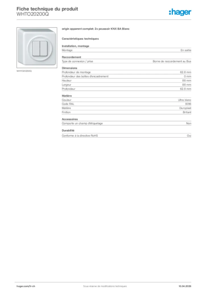Image Hager Fiche technique du produit WHTO20200Q | Hager Suisse