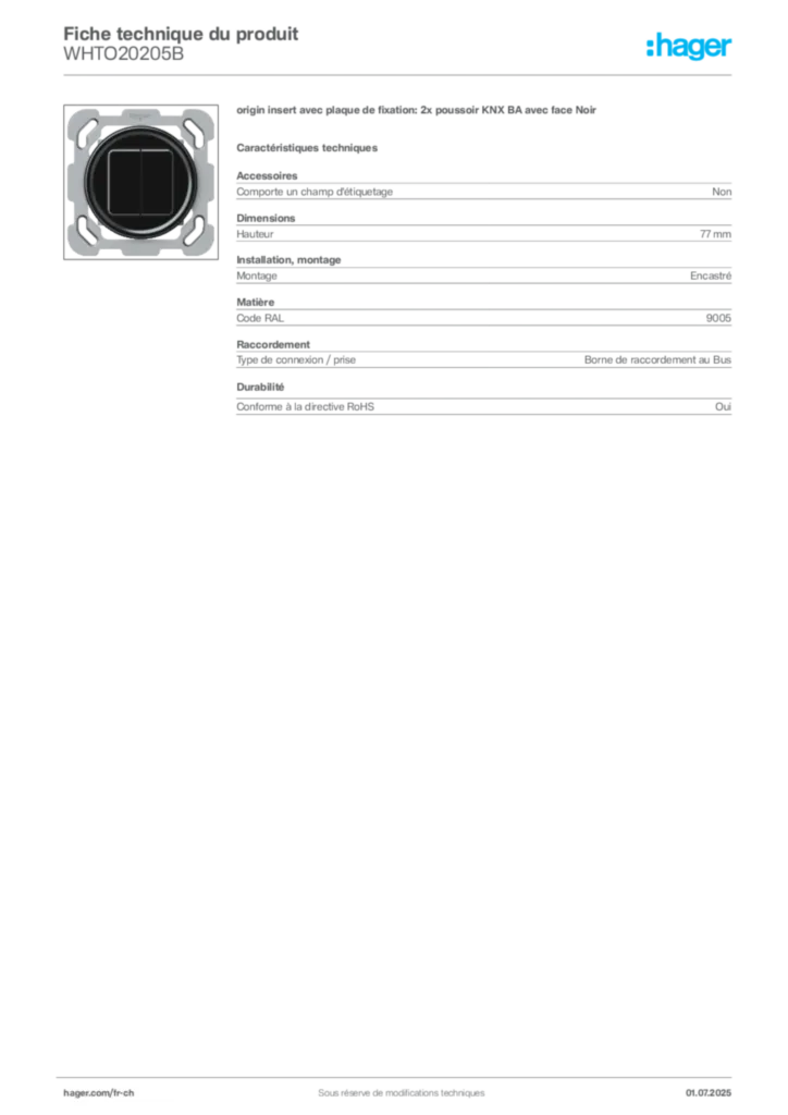 Image Hager Fiche technique du produit WHTO20205B | Hager Suisse