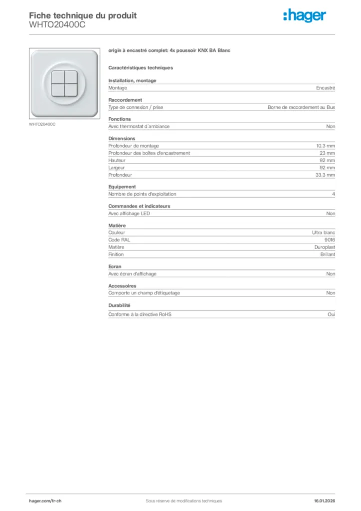 Image Hager Fiche technique du produit WHTO20400C | Hager Suisse
