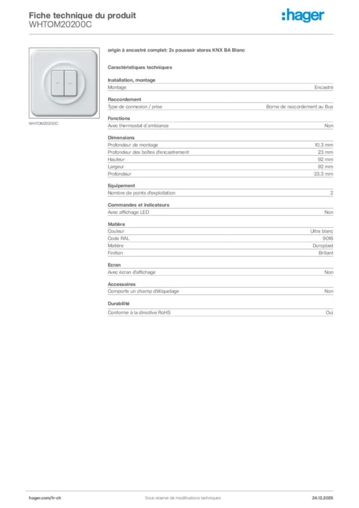 Image Hager Fiche technique du produit WHTOM20200C | Hager Suisse