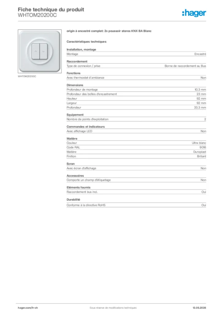 Image Hager Fiche technique du produit WHTOM20200C | Hager Suisse