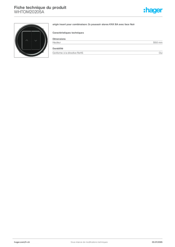 Image Hager Fiche technique du produit WHTOM20205A | Hager Suisse