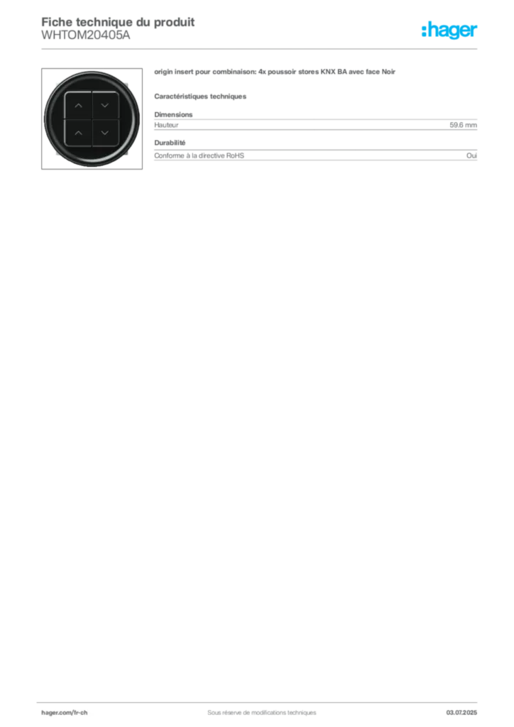 Image Hager Fiche technique du produit WHTOM20405A | Hager Suisse