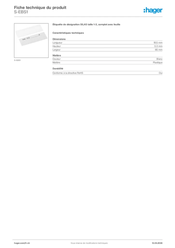 Image Hager Fiche technique du produit S-EBS1 | Hager Suisse