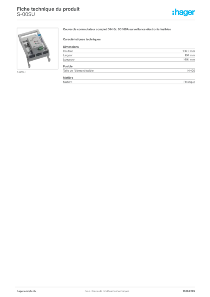Image Hager Fiche technique du produit S-00SU | Hager Suisse
