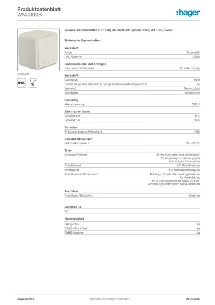 Bild Hager Produktdatenblatt WNC300B | Hager Deutschland