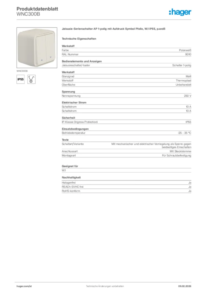 Bild Hager Produktdatenblatt WNC300B | Hager Deutschland
