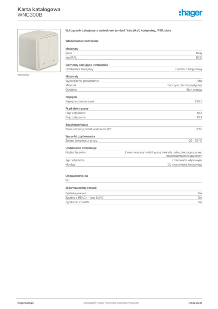 Zdjęcie Hager Karta katalogowa WNC300B | Hager Polska