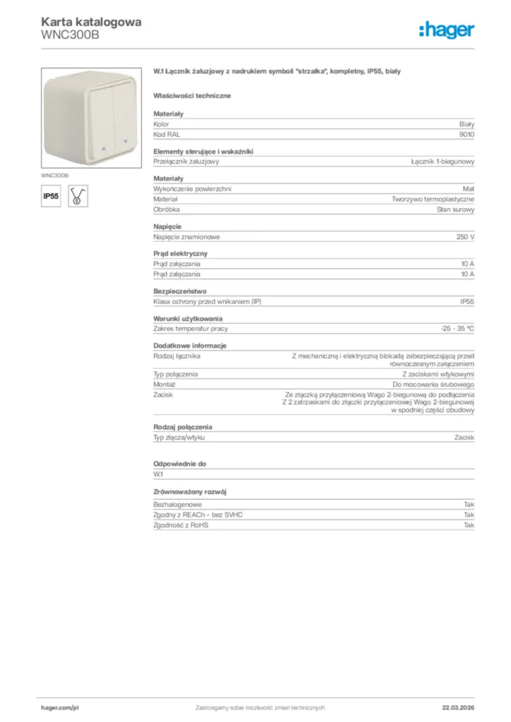 Zdjęcie Hager Karta katalogowa WNC300B | Hager Polska