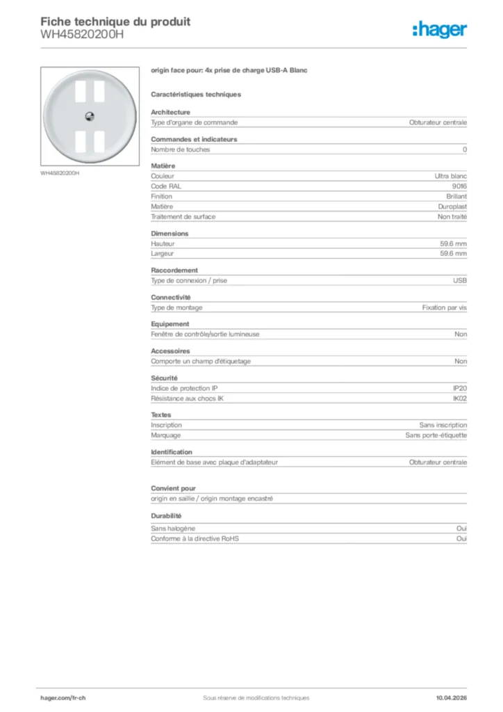 Image Hager Fiche technique du produit WH45820200H | Hager Suisse
