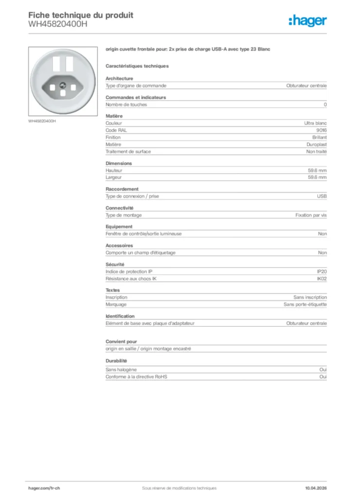 Image Hager Fiche technique du produit WH45820400H | Hager Suisse