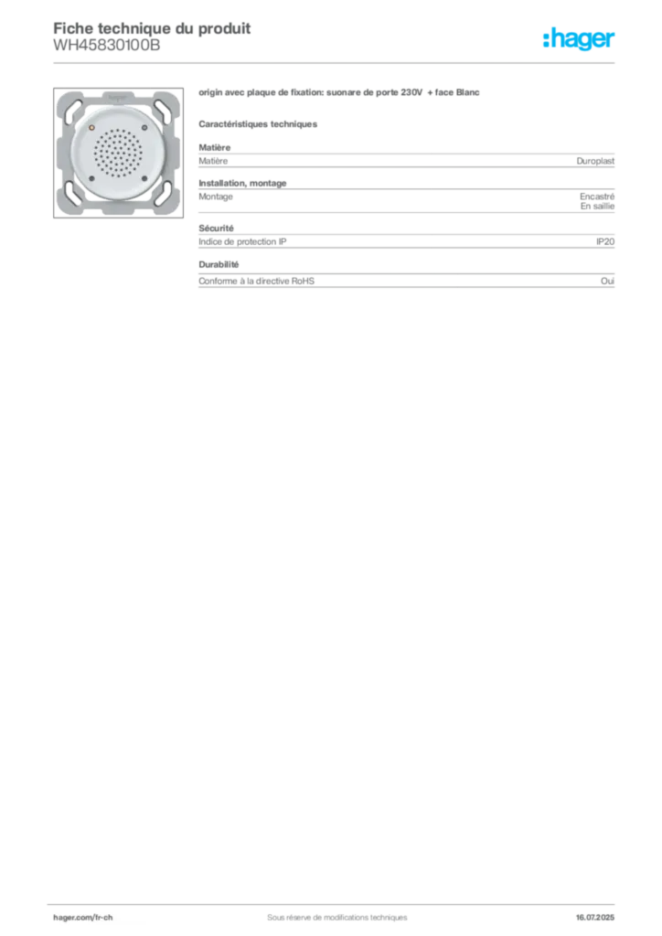 Image Hager Fiche technique du produit WH45830100B | Hager Suisse