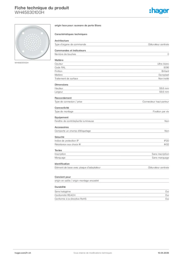 Image Hager Fiche technique du produit WH45830100H | Hager Suisse