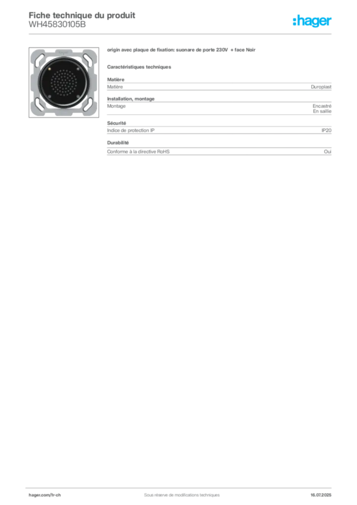 Image Hager Fiche technique du produit WH45830105B | Hager Suisse