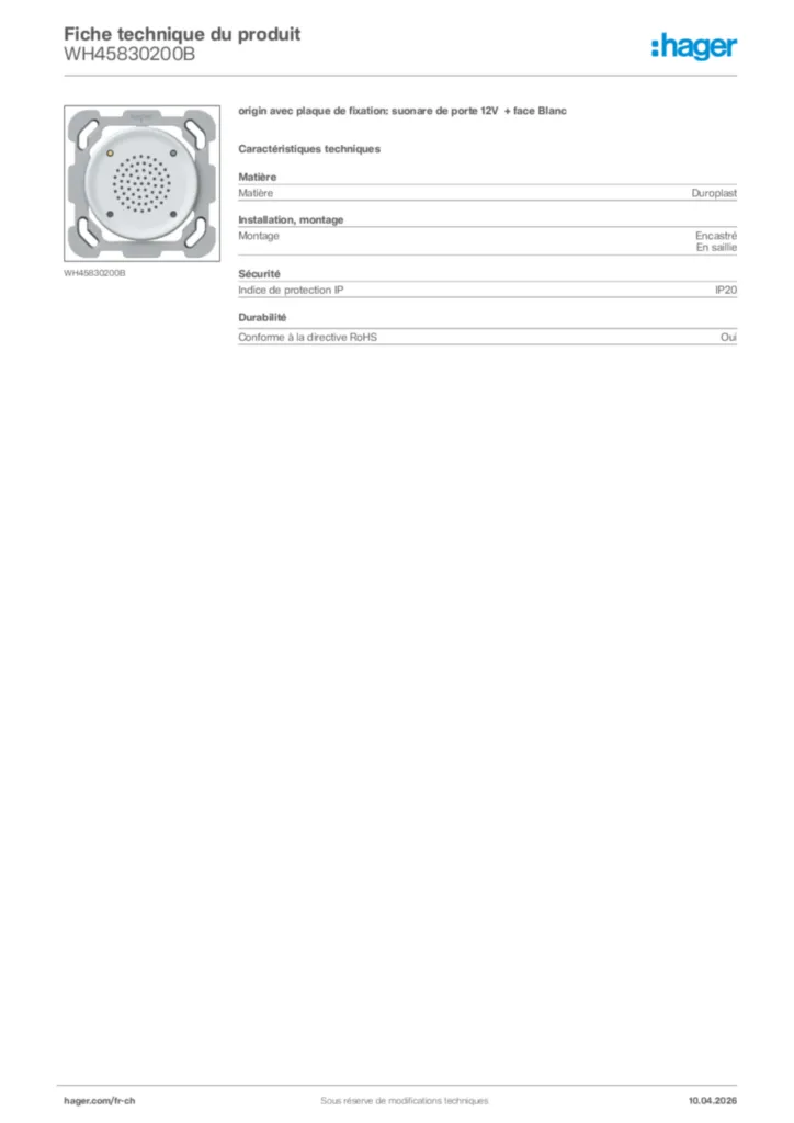 Image Hager Fiche technique du produit WH45830200B | Hager Suisse