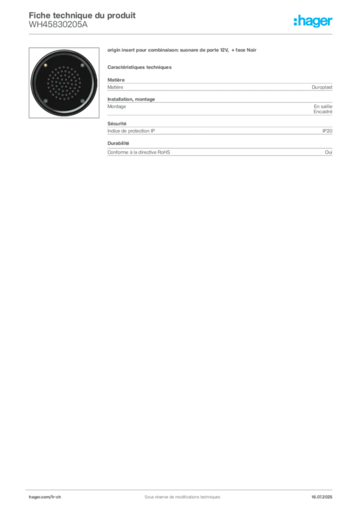 Image Hager Fiche technique du produit WH45830205A | Hager Suisse