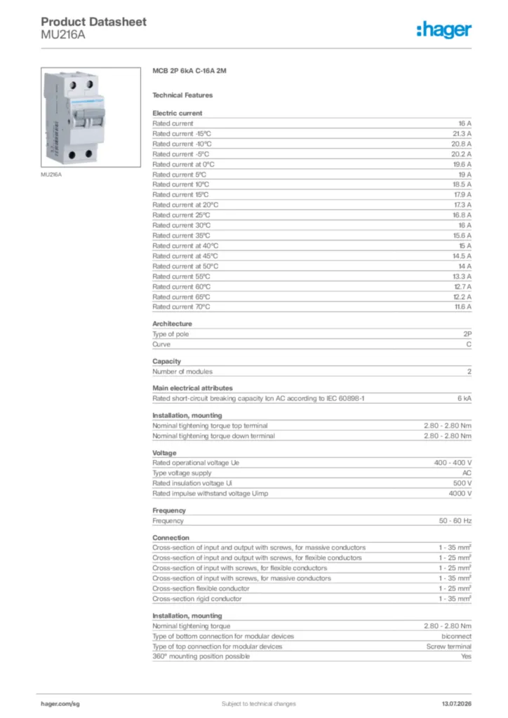 Image Hager Product data sheet MU216A  | Hager