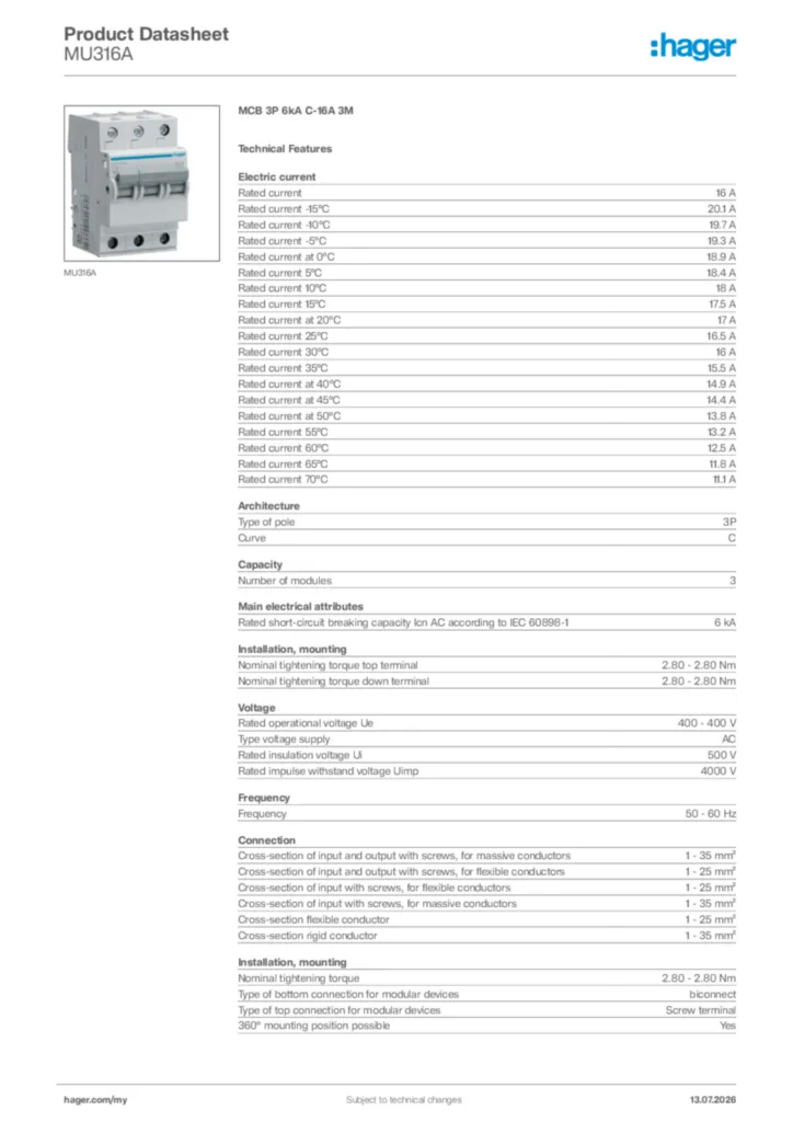Image Hager Product data sheet MU316A  | Hager