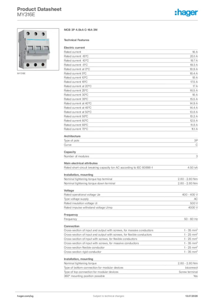 Image Hager Product data sheet MY316E  | Hager