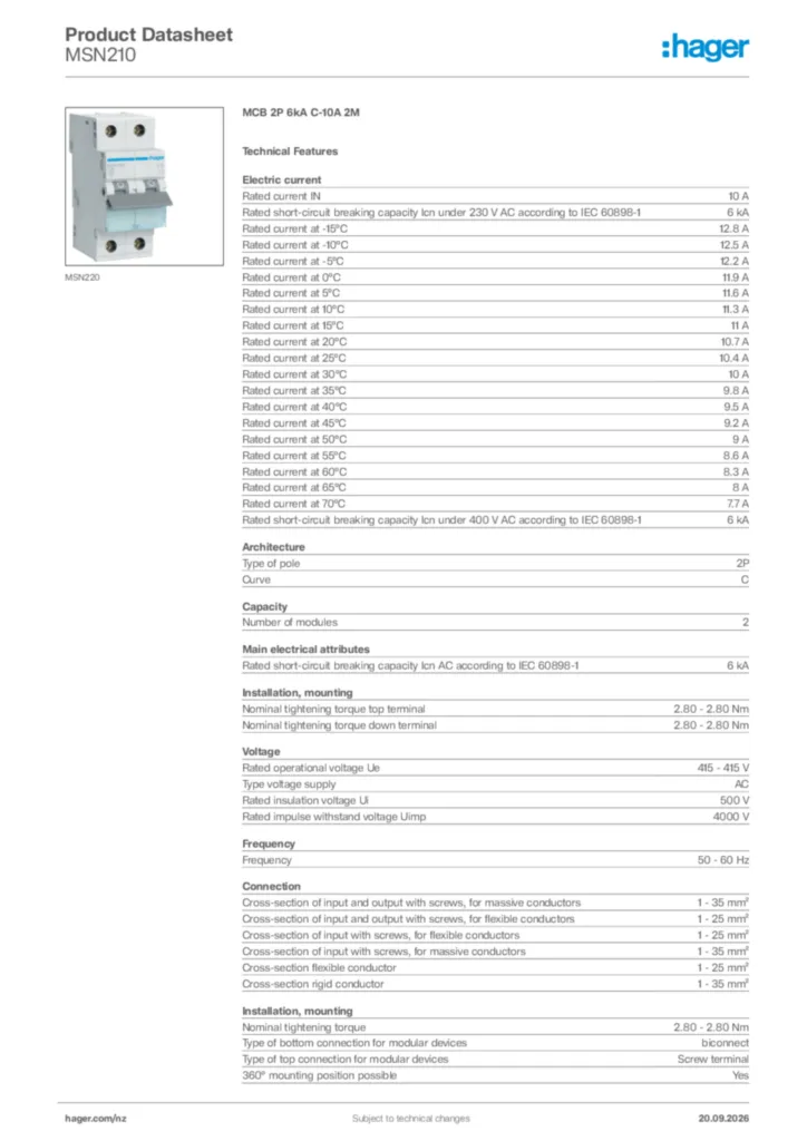 Image Hager Product data sheet MSN210  | Hager New Zealand