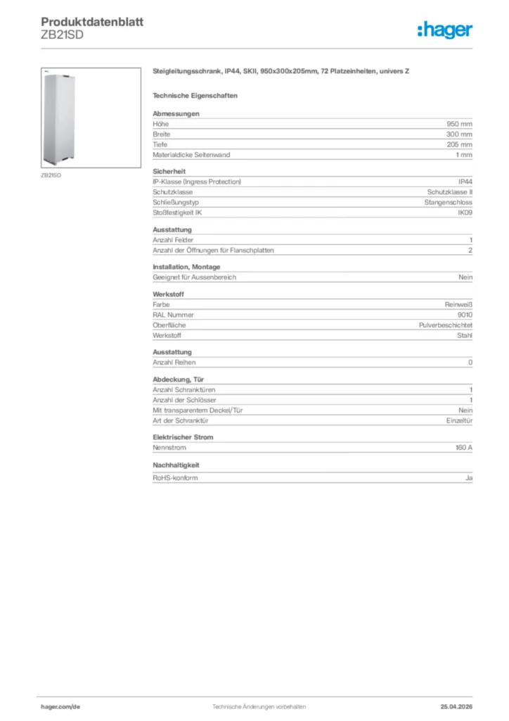 Bild Hager Produktdatenblatt ZB21SD | Hager Deutschland