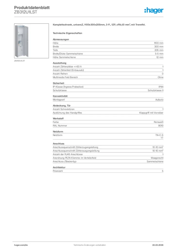 Bild Hager Produktdatenblatt ZB312U1LST | Hager Deutschland